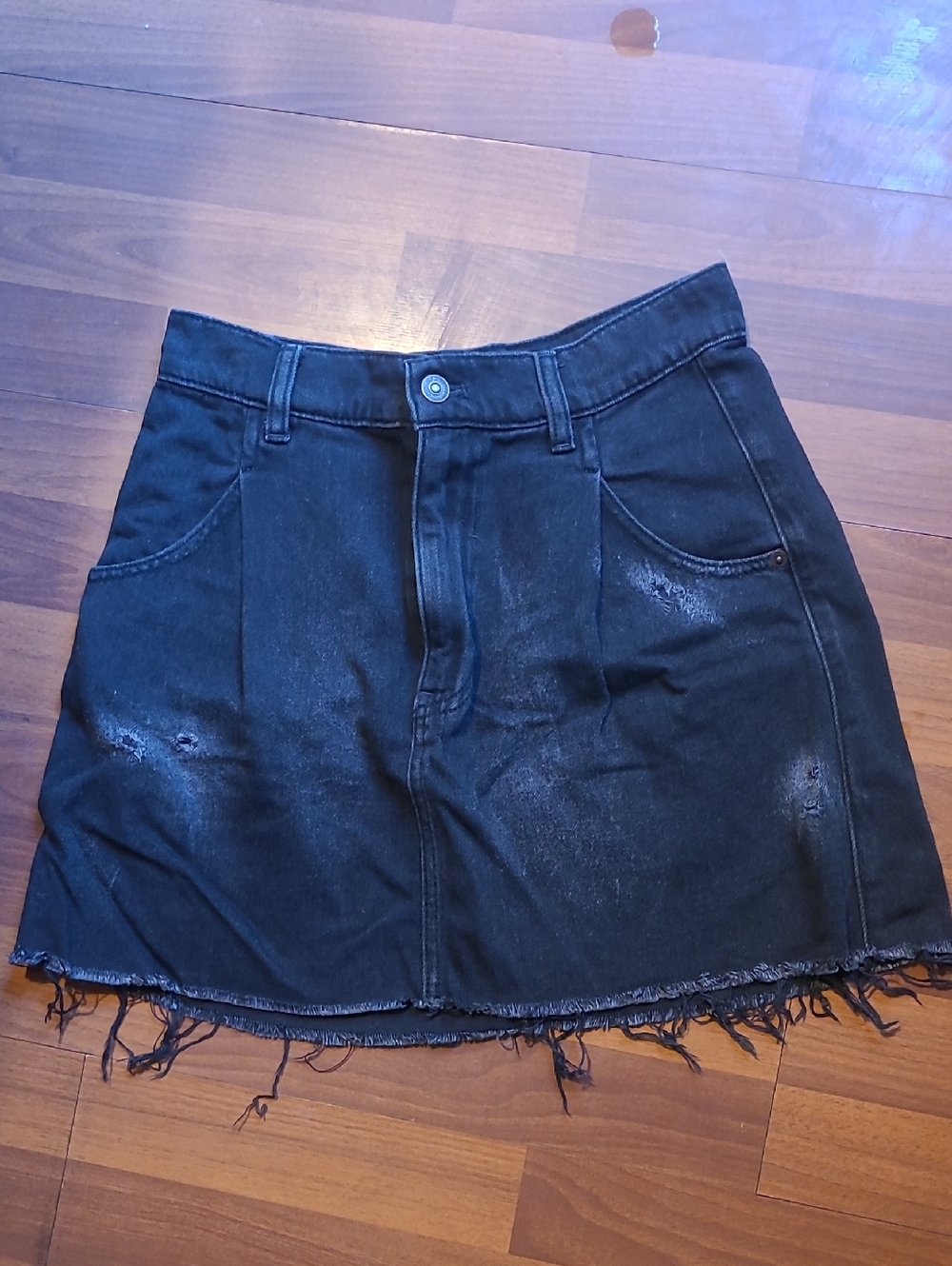 We The Free Black Distressed Denim Mini Skirt